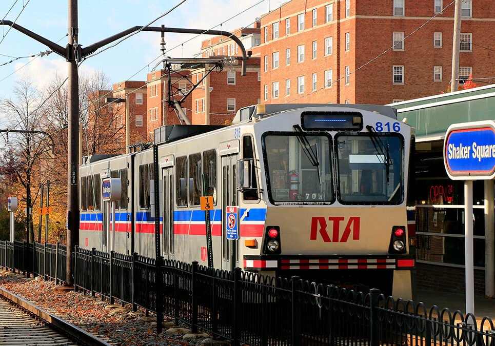 GCRTA Rail Car passing through Shaker Square, a historic mixed-use area